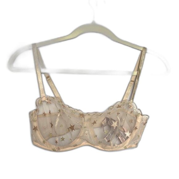 Victoria's Secret Bra Women's Size 32D Pink Gold Lace Sheer Bralette Celestial - Picture 1 of 4